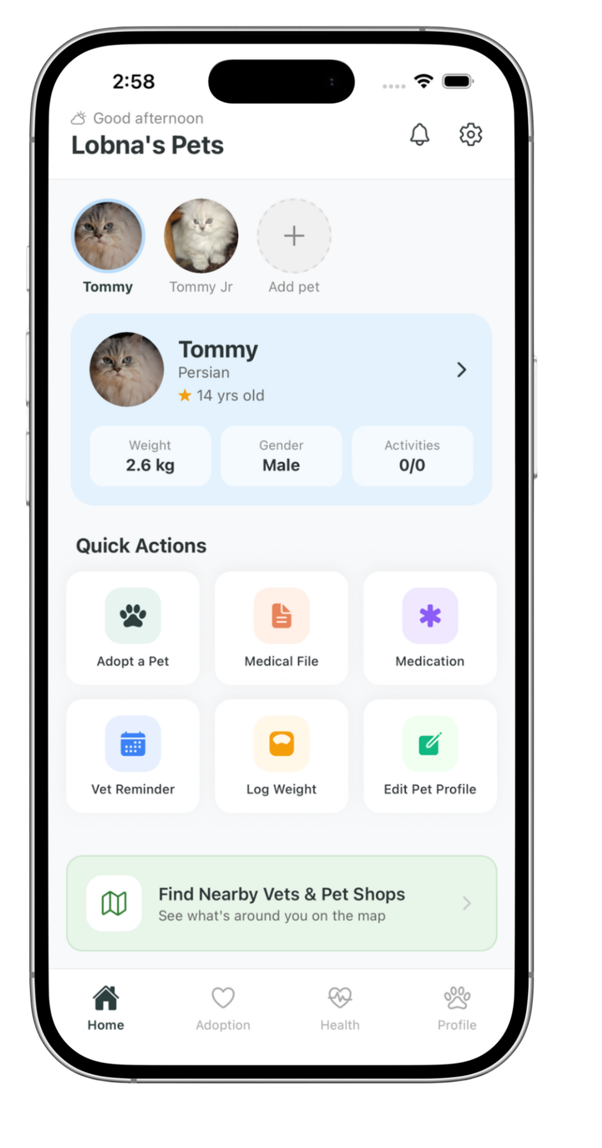 Petling home screen showing Tommy's pet profile, weight, and quick actions