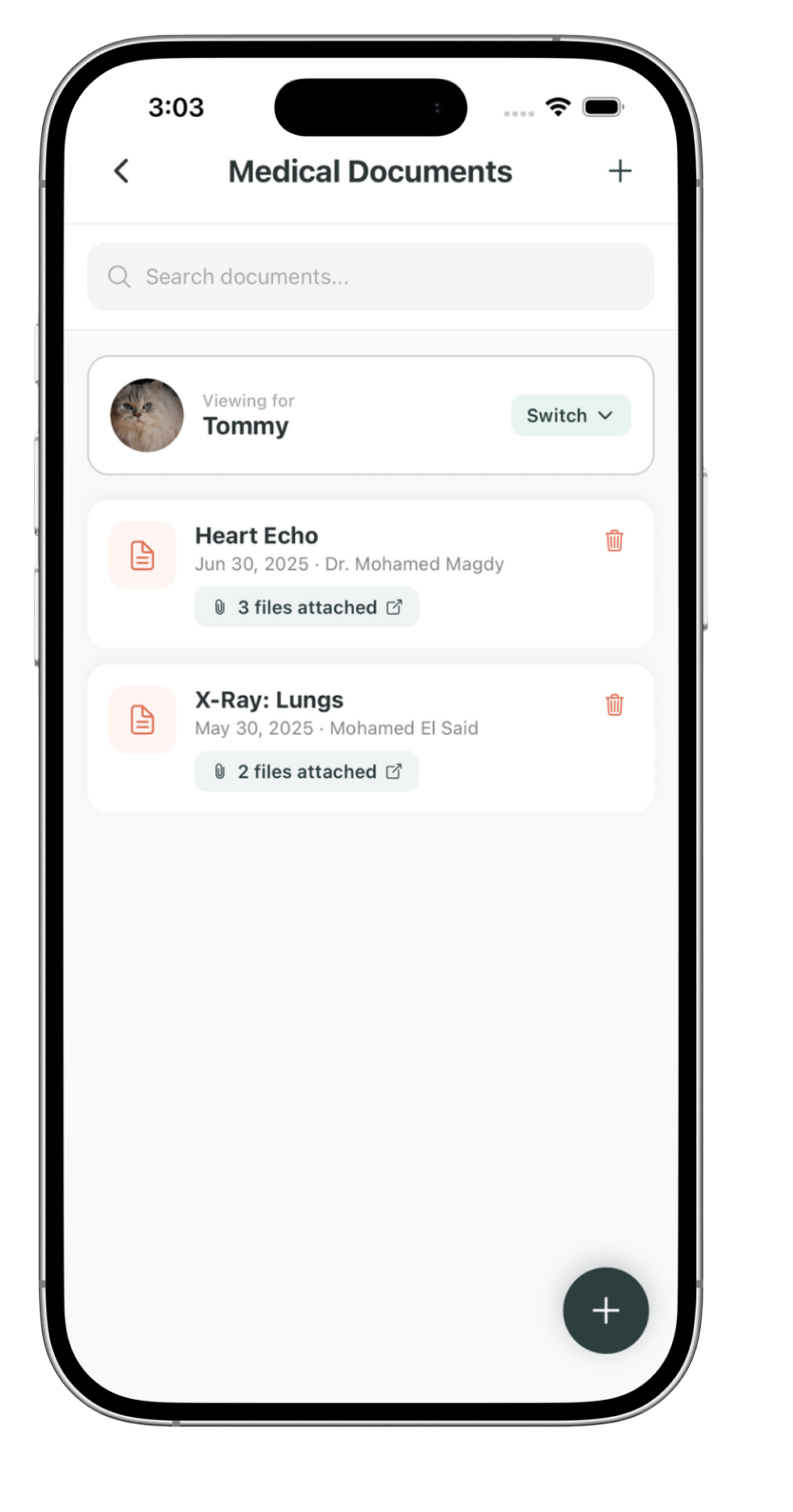 Medical Documents screen in Petling showing organized vet reports and x-rays
