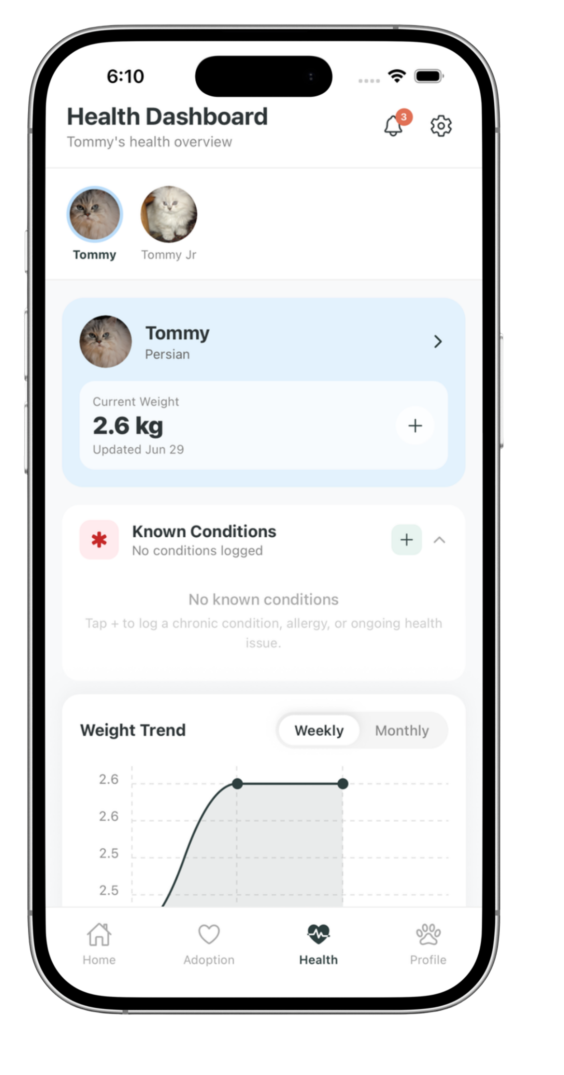 Health Dashboard screen in Petling showing weight trend chart and active medications