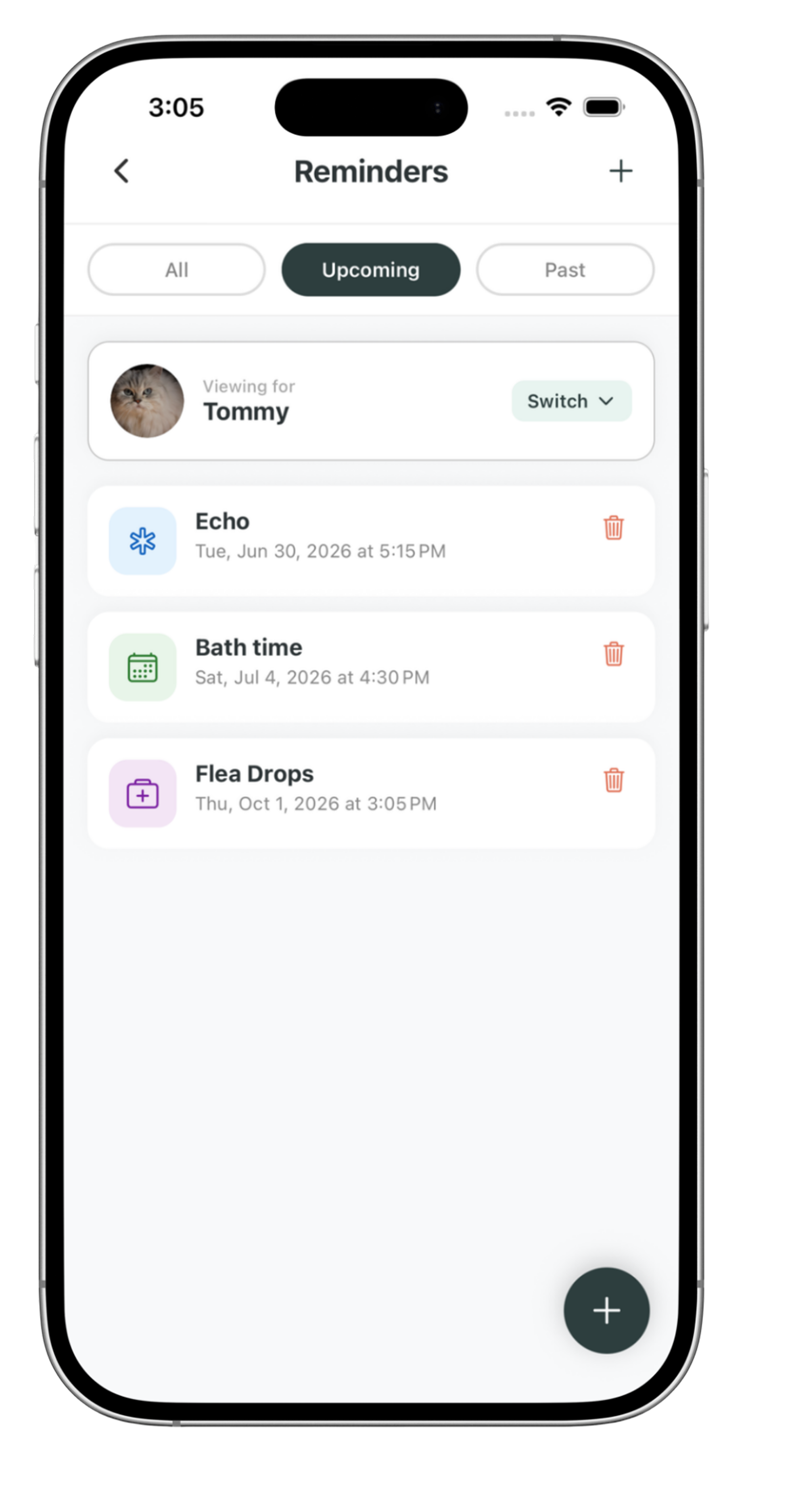 Reminders screen in Petling showing upcoming vet appointments and tasks