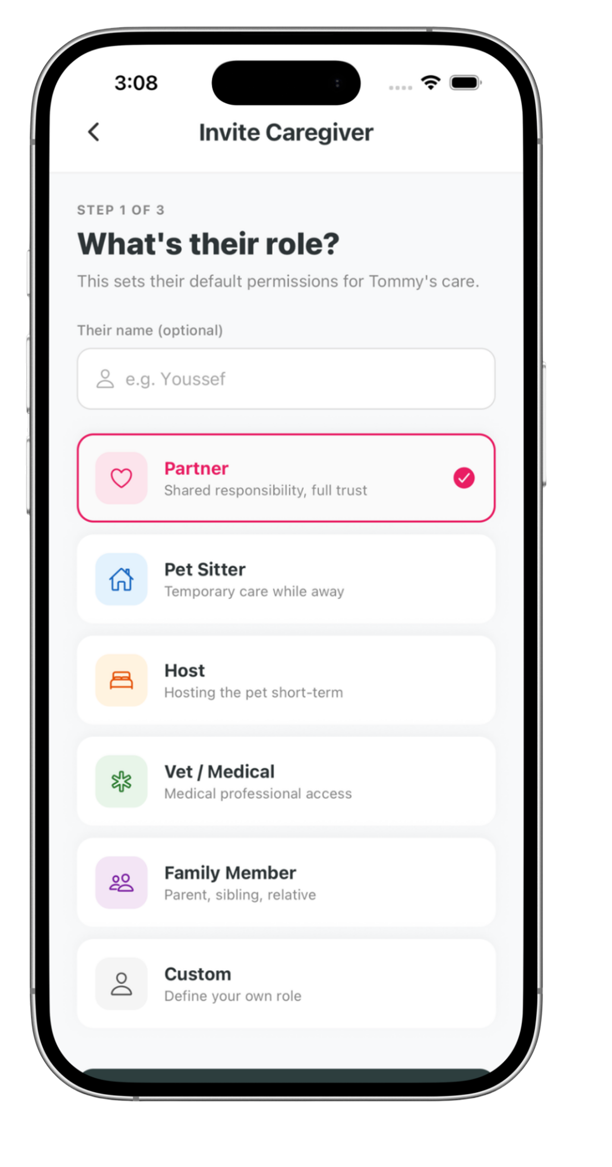 Care Team screen in Petling showing shared caregiver access